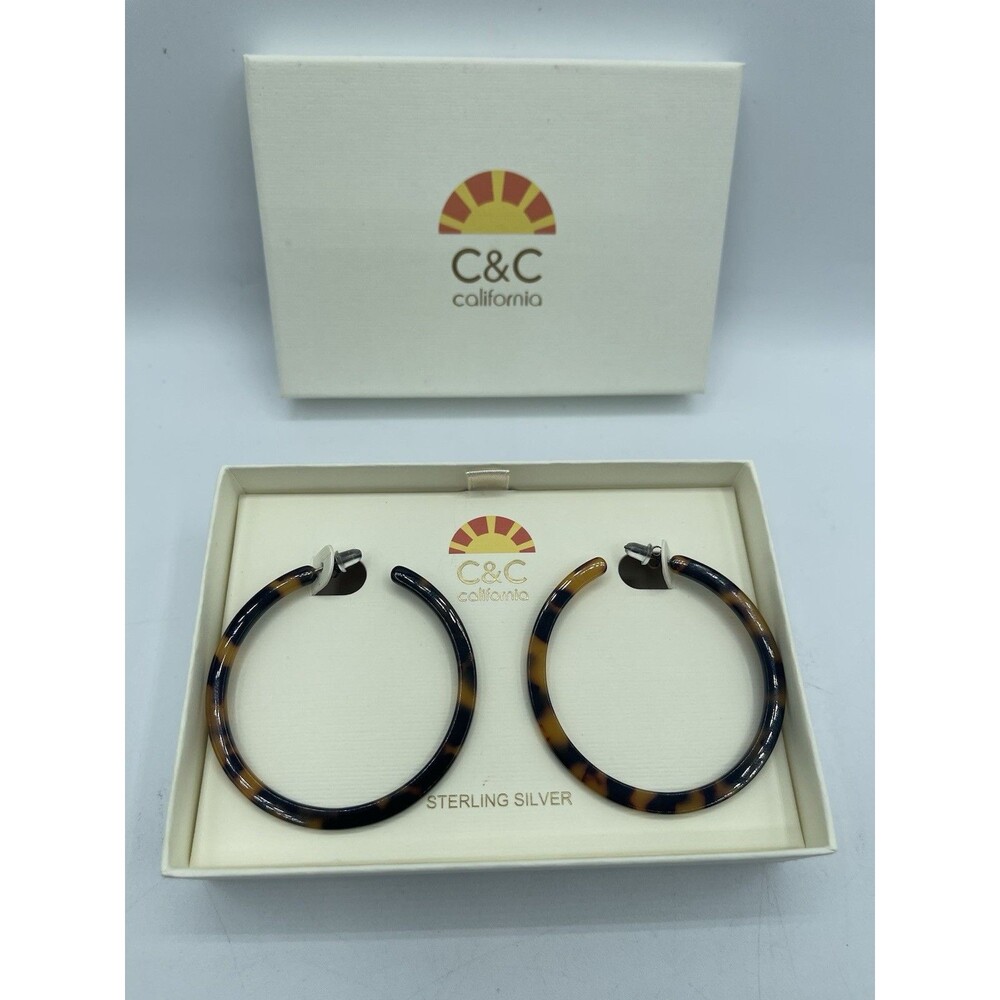 C & C California Sterling Silver Faux Tortoise Hoop Earrings, Black and Brown